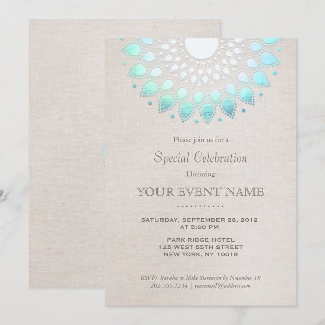 Invitation Élégant bleu turquoise beige aspect lin (Devant / Derrière)