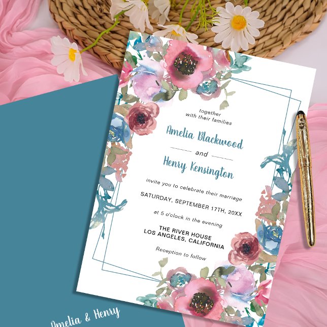 Invitation Elégant bleu Turquoise et rose Aquarelle Mariage f (Créateur téléchargé)