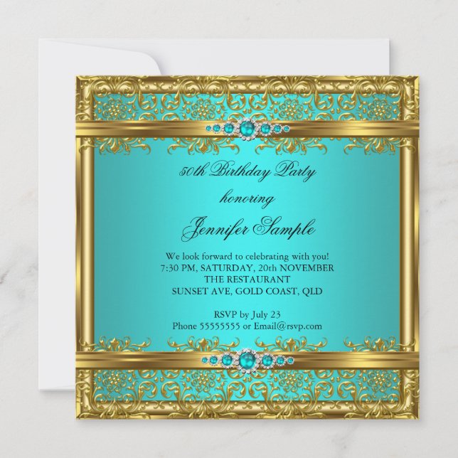 Invitation Elégant bleu Turquoise or Damask Diamond Anniversa (Devant)