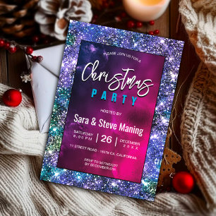 Invitation Elégant bleu vert faux Parties scintillant Noël