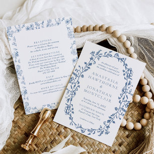 Invitation Élégant bleu victorien Floral tout en un Mariage