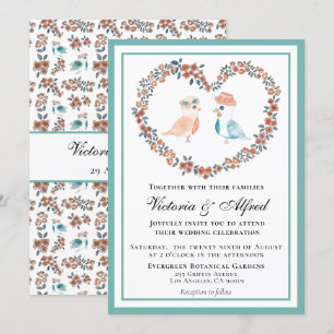 Invitation Elégant bleu Vintage Aquarelle Inséparables Mariag