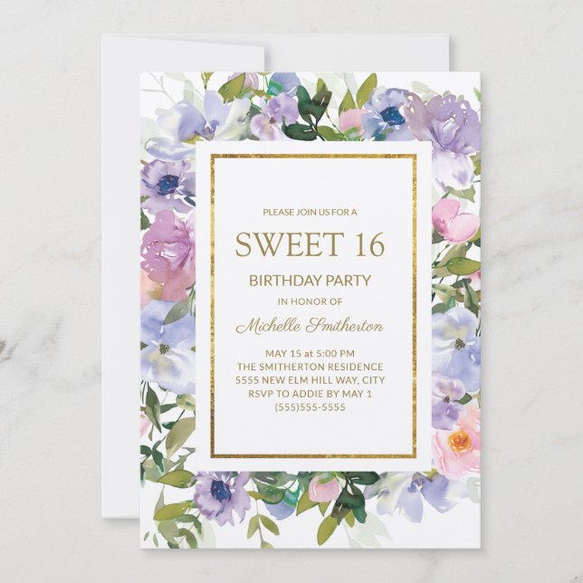 Invitation Elégant bleu violet Floral or doux 16 Anniversaire (Devant)