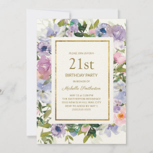 Invitation Elégant bleu violet or floral 21e anniversaire