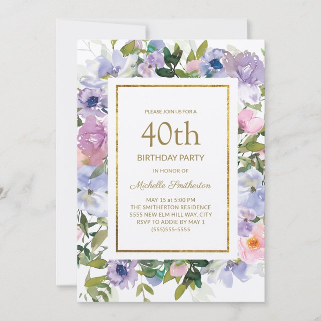 Invitation Elégant bleu violet or floral 40e anniversaire (Devant)