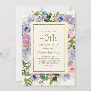 Invitation Elégant bleu violet or floral 40e anniversaire