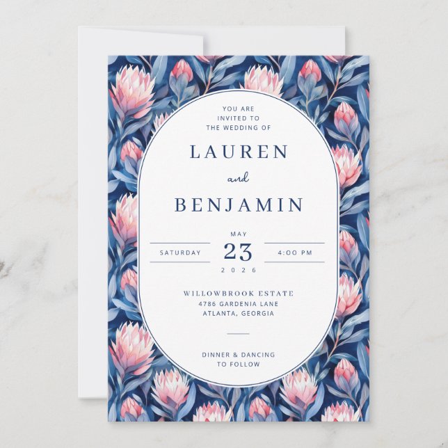 Invitation Elegant Blue and Pink Floral (Devant)