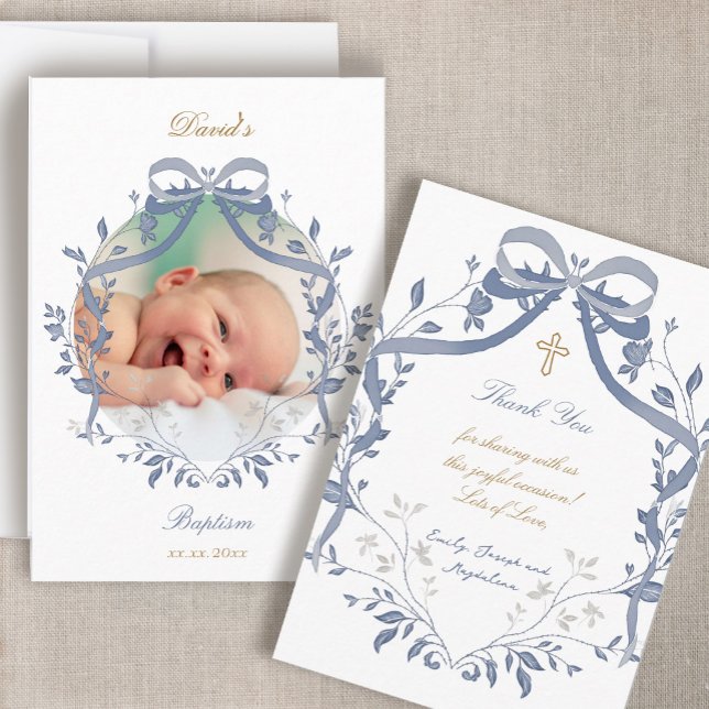 Invitation elegant blue bow Baptism small thank you card (Créateur téléchargé)