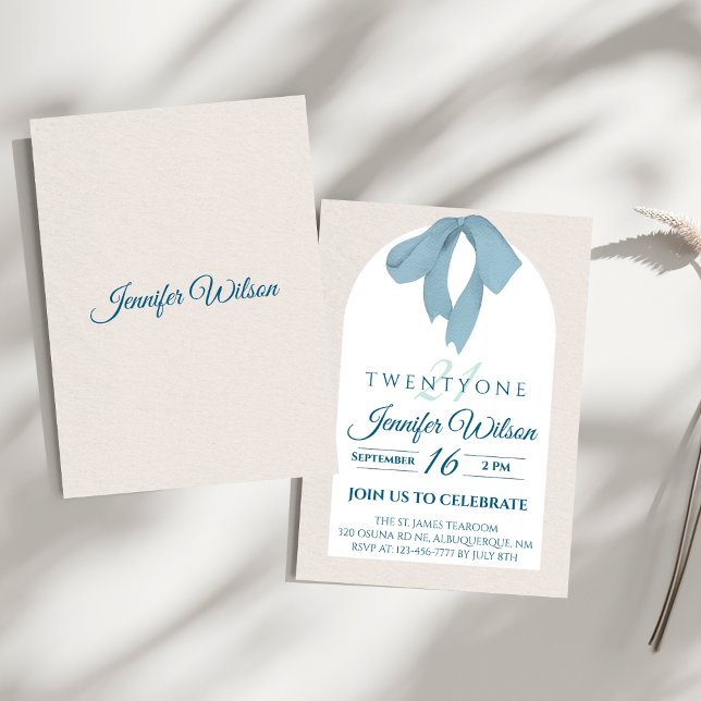Invitation Elegant Blue Bow Twenty-One Birthday (Créateur téléchargé)