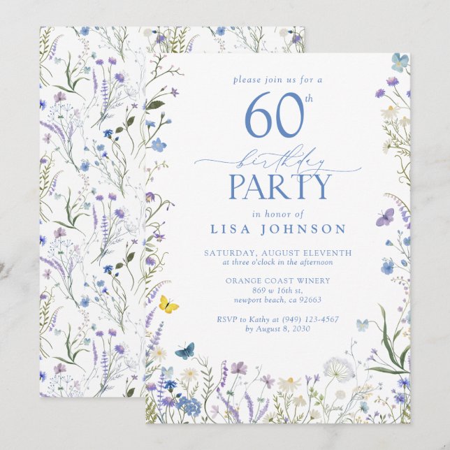 Invitation Elégant Blue Fleur sauvage Adulte 60e Anniversaire (Devant / Derrière)