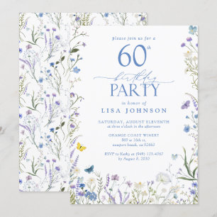 Invitation Elégant Blue Fleur sauvage Adulte 60e Anniversaire