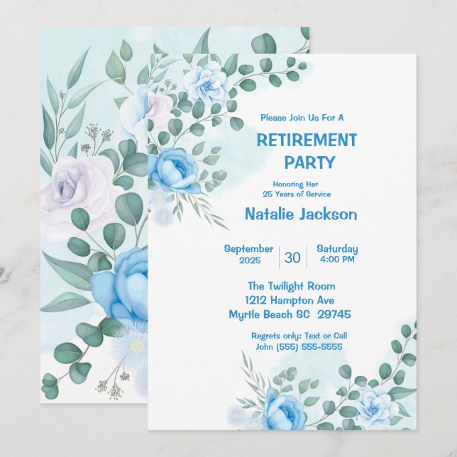 Invitation Elégant Blue Floral Aquarelle Parti de retraite (Devant / Derrière)
