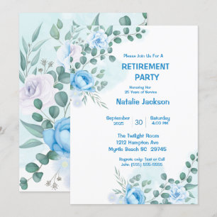 Invitation Elégant Blue Floral Aquarelle Parti de retraite