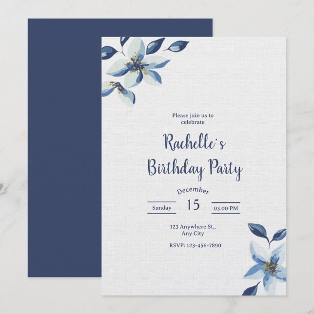 Invitation Elegant Blue Floral Birthday Invite, Boho Birthday (Devant / Derrière)