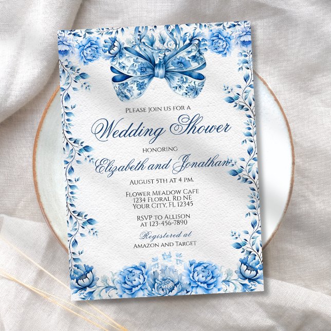 Invitation Elégant Blue Floral Bow Mariage Couples Douche (Créateur téléchargé)