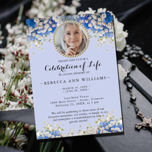 Invitation Elégant Blue Floral Célébration de la vie Invitati