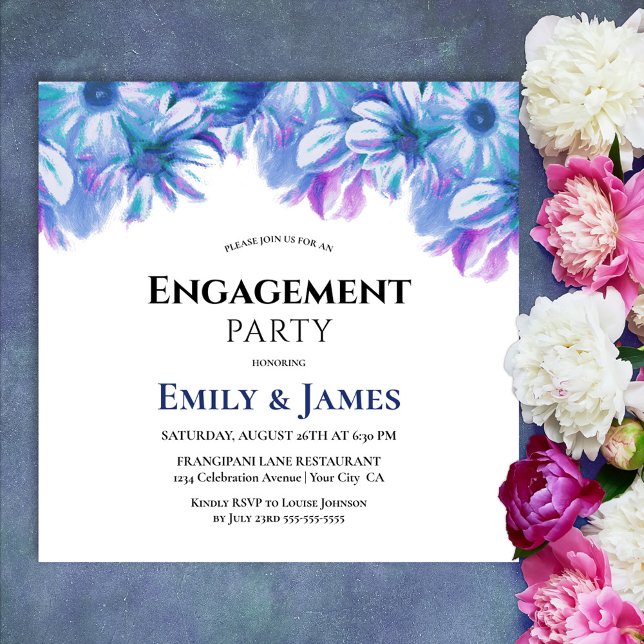 Invitation Élégant Blue Floral Engagement Party (Créateur téléchargé)