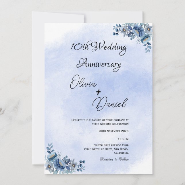 Invitation Elégant Blue Floral Mariage Anniversaire Invitatio (Devant)