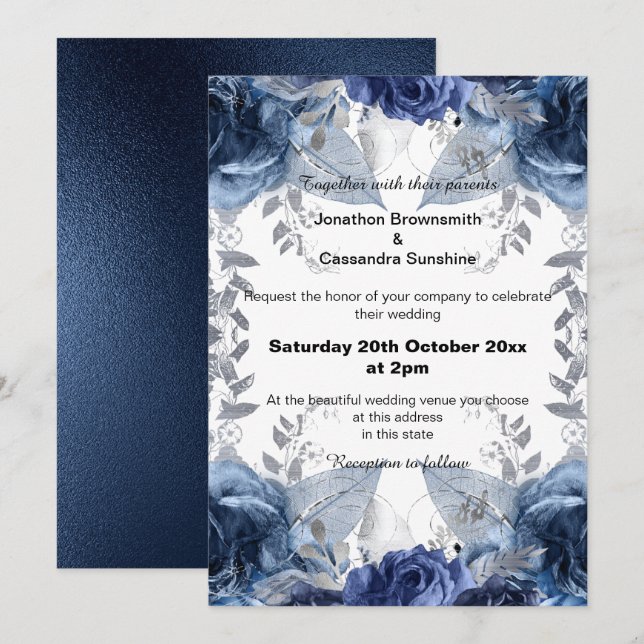 INVITATION ÉLÉGANT BLUE FLORAL NAVY MARIAGE (Devant / Derrière)