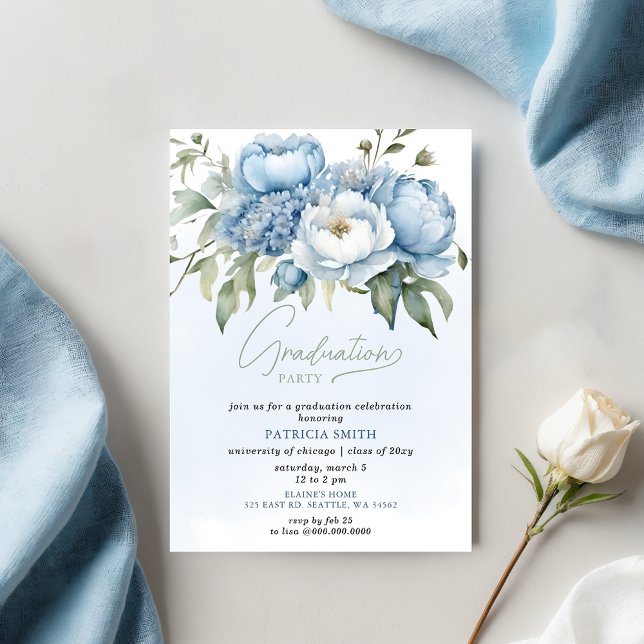 Invitation Elégant Blue Floral Photo Party Graduation (Elegant Blue Floral Photo Graduation Party Invitation)
