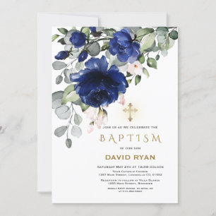 Invitation Elégant Blue Flowers Gold Cross Boy Baptême