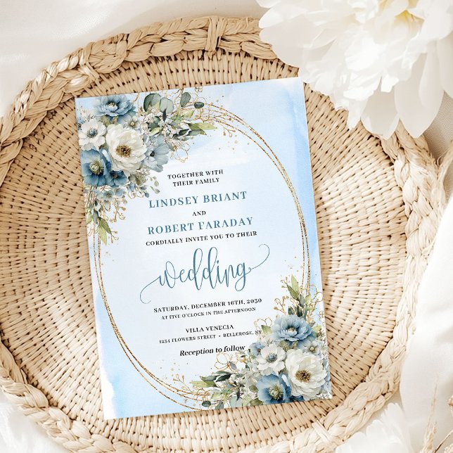Invitation Elegant Blue Flowers Gold Glitter Wedding Invite (Elegant Blue Flowers Gold Glitter Wedding Invite)