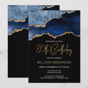 Invitation Elégant Blue Gold Agate 80e anniversaire