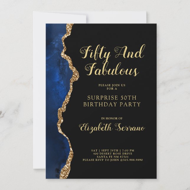Invitation Elégant Blue Gold Agate Surprise 50e anniversaire  (Devant)