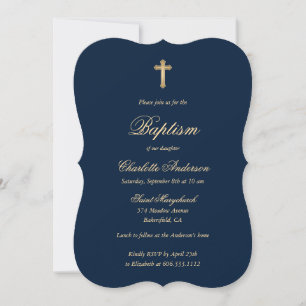 Invitation Élégant Blue Gold Cross Script Girl Baptême