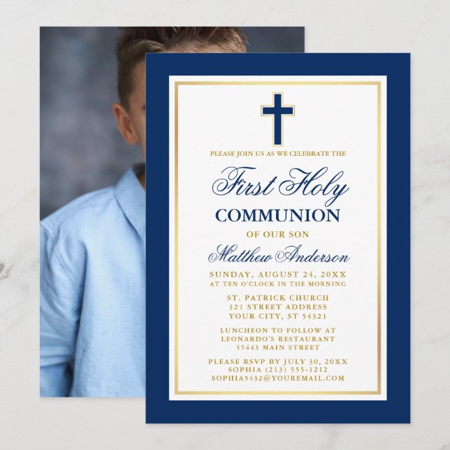 Invitation Elégant Blue Gold First Holy Communion Photo (Devant / Derrière)