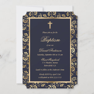 Invitation Élégant Blue Gold Floral Boy Baptism
