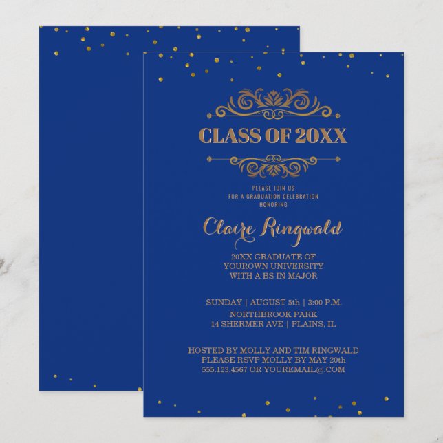 Invitation Élégant Blue Gold Formal College Graduation Party (Devant / Derrière)