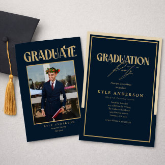 Invitation Elegant Blue Gold Graduation Party Photo