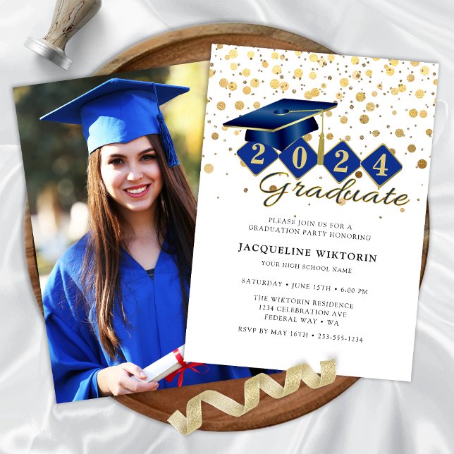 Invitation Elégant Blue Gold Graduation Photo Party (Classic Blue Gold Graduation Photo Party Invitation)