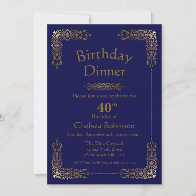 Invitation Elégant Blue Gold Lace 40e Anniversaire Dîner Invi (Devant)