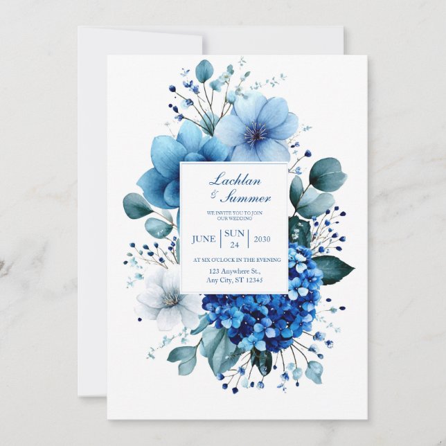 Invitation Elegant Blue Hydrangea Anemone Eucalyptus (Devant)