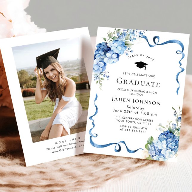Invitation Elégant Blue Hydrangea Bow Photo Party Graduation (Créateur téléchargé)