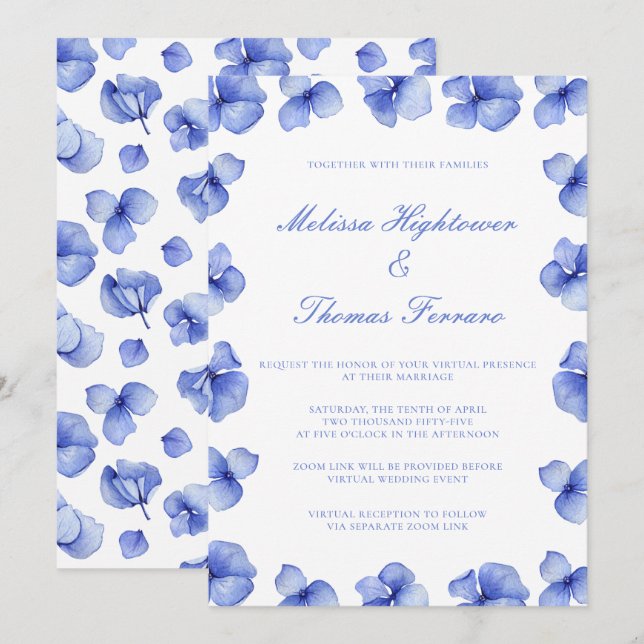 Invitation Élégant Blue Hydrangea Floral Mariage virtuel (Devant / Derrière)