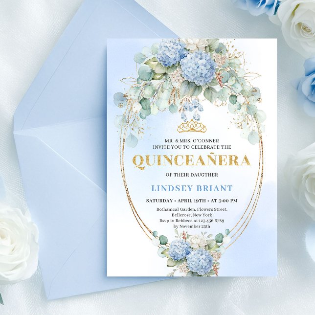 Invitation Elegant Blue Hydrangea Greenery Quince Invite (Elegant Blue Hydrangea Greenery Quince Invite)