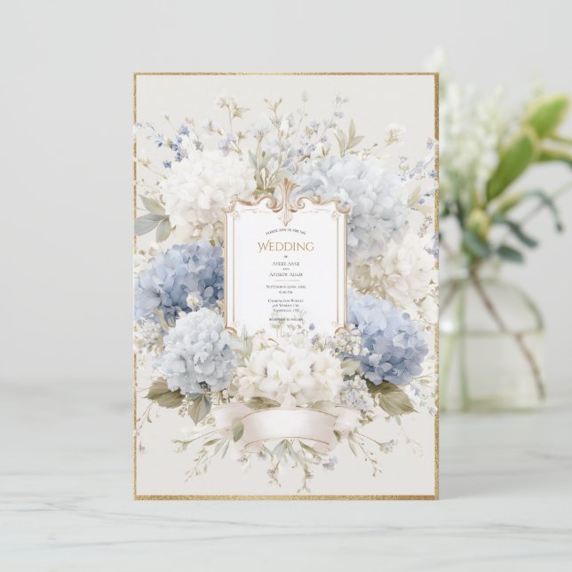 Invitation Elegant Blue Hydrangeas Vintage Wedding (Debout devant)