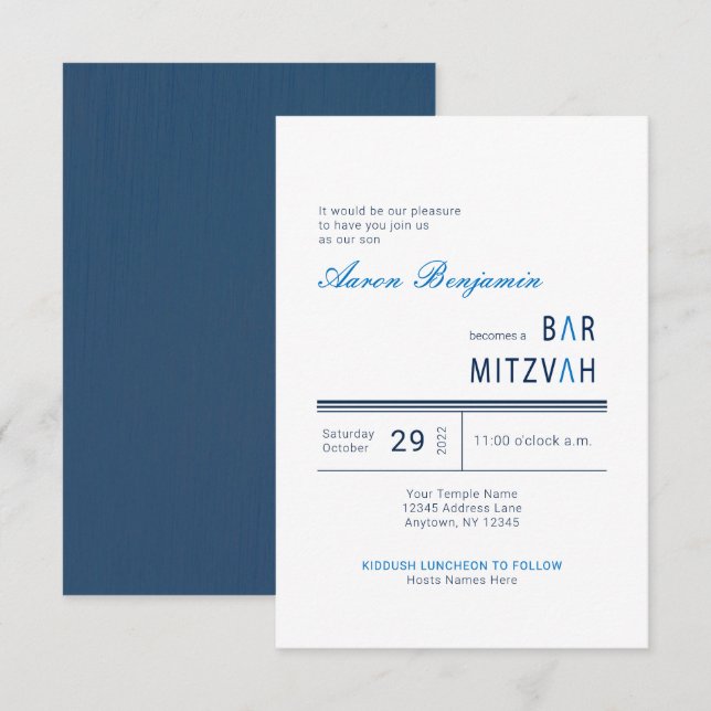 Invitation Elégant Blue Modern Bar Mitzvah (Devant / Derrière)