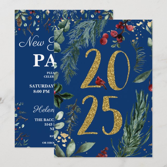 Invitation Elegant Blue Rustic 2025 New Years Eve Party (Devant / Derrière)