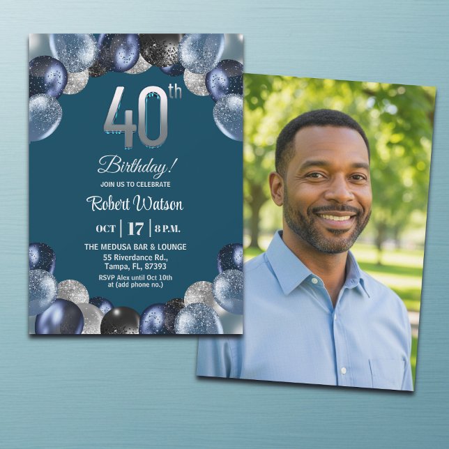Invitation Elegant Blue Silver Glitter 40th Birthday Photo (Créateur téléchargé)