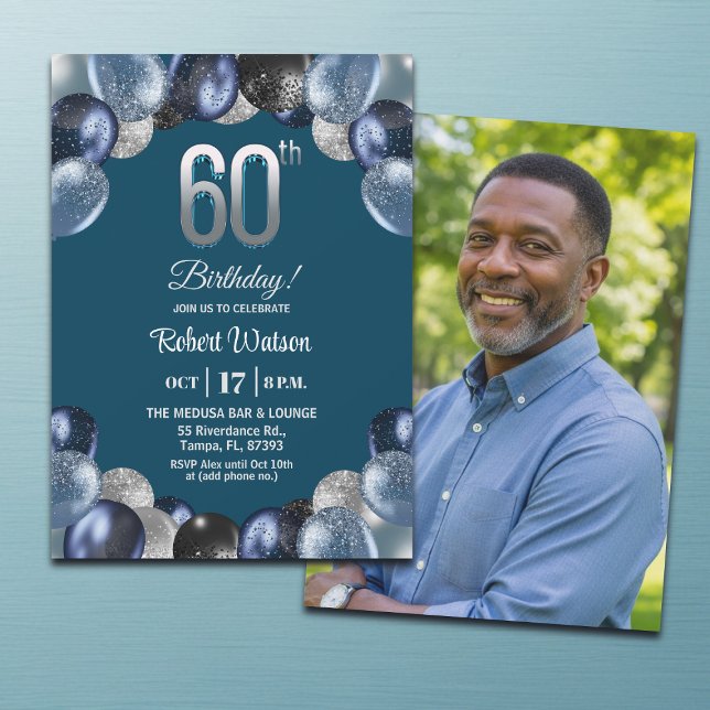 Invitation Elegant Blue Silver Glitter 60th Birthday Photo (Créateur téléchargé)