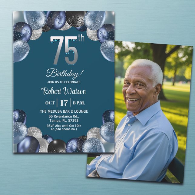 Invitation Elegant Blue Silver Glitter 75th Birthday Photo (Créateur téléchargé)