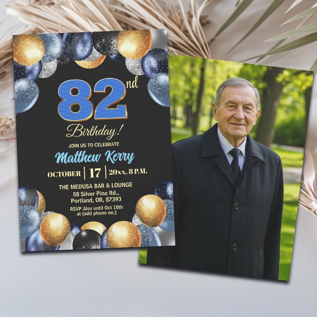 Invitation Elegant Blue Silver Gold 82nd Birthday Photo  (Créateur téléchargé)