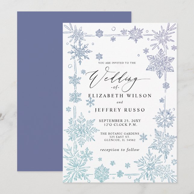 Invitation Elegant Blue snowflakes Winter Wedding (Devant / Derrière)