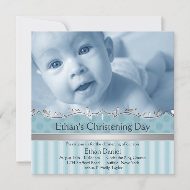 Invitation Elégant Blue Stripe Boys Photo Christening (Devant)