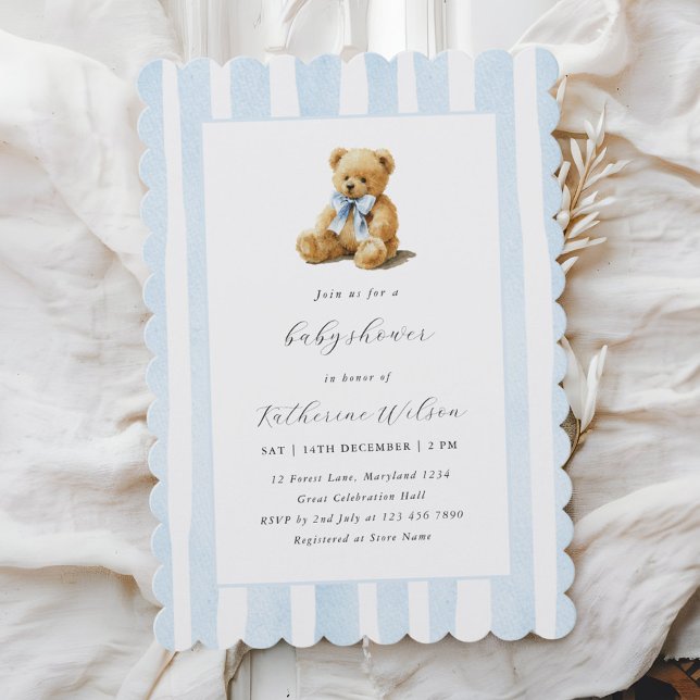 Invitation Elegant Blue Stripes Teddy Bear Baby Shower  (Créateur téléchargé)