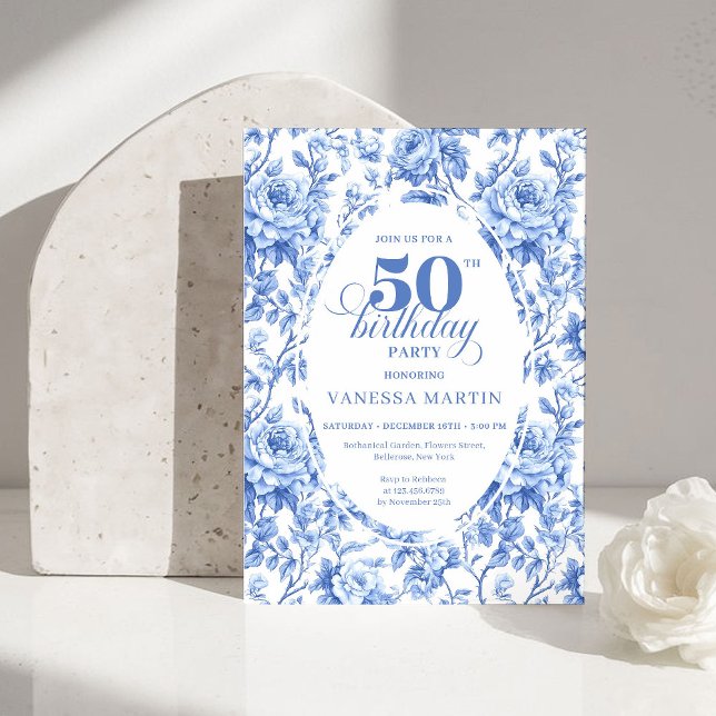 Invitation Elegant Blue Toile Rose Floral 50th Birthday Invit (Elegant Blue Toile Rose Floral 50th Birthday Invitation)